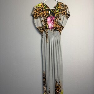 Babydoll XL Gray Leopard Pink Floral Print Maxi Dress Boho Beach Cover Up V Neck